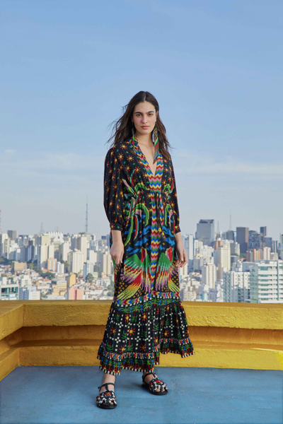 Farm Rio Black Macaw Night V Neck Maxi Dress | ModeSens