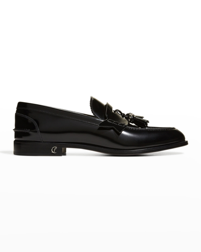 Christian Louboutin Men's Red Sole Studded Tassel Penny Loafers In Black