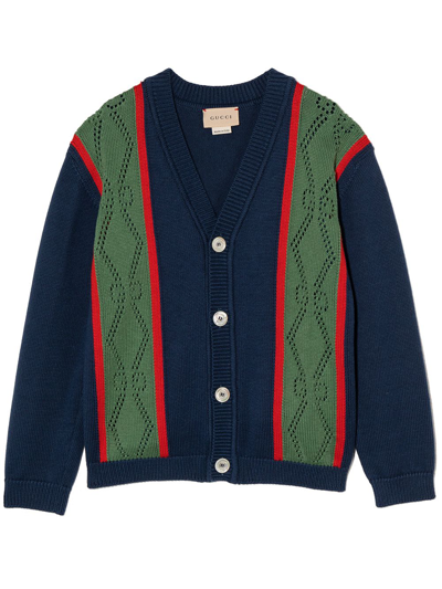 Gucci Kids' Contrasting Panel V-neck Cardigan In Blue