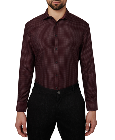 Calabrum Men's Regular Fit Dot Print Wrinkle Free Performance Dress Shirt In Burgundy