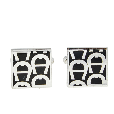 Pre-owned Aigner Black Enamel Logo Square Cufflinks