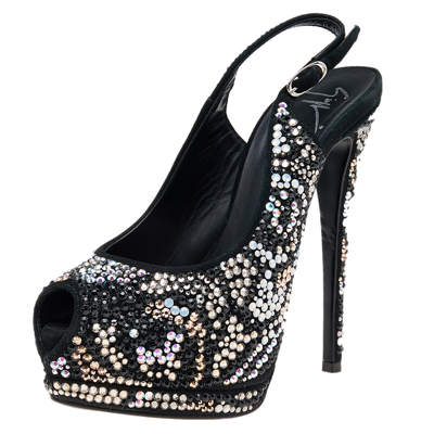 Pre-owned Giuseppe Zanotti Black Suede Crystal Embellished Sharon Peep Toe Platform Sandals Size 36