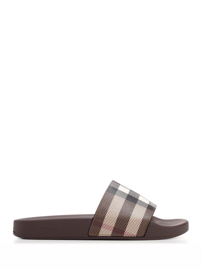 Burberry Furley Check Pool Slides In Brown