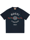 Gucci Firenze 1921 Logo-print Cotton-jersey T-shirt In Blue