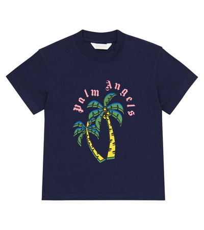 Palm Angels Kids' Palms Printed Cotton Jersey T-shirt In Navy