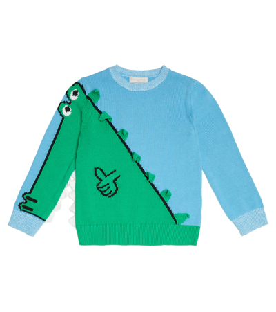 Stella Mccartney Kids' Light-blue Sweater For Boy With Crocodile In Blue,green