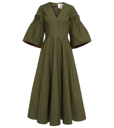 Roksanda Josefina Flared-sleeve Cotton-poplin Midi Dress In Deep Khaki |  ModeSens