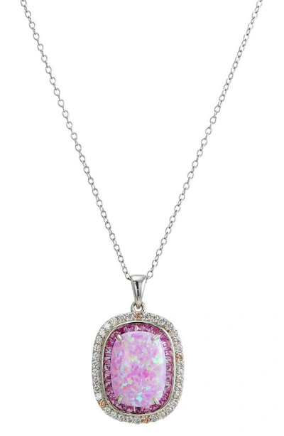 Savvy Cie Jewels Sterling Silver Pink Sapphire & White Zircon Halo Simulated Opal Pendant Necklace