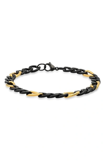 Hmy Jewelry 18k Gold Plated Stainless Steel Two Tone Figaro Chain Bracelet In Black / Yellow