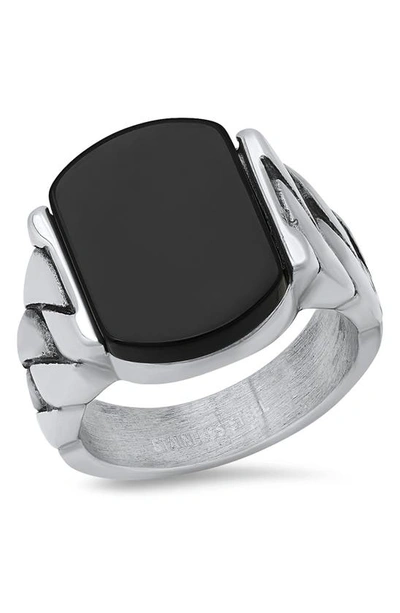 Hmy Jewelry Black Agate Chain Ring In Metallic