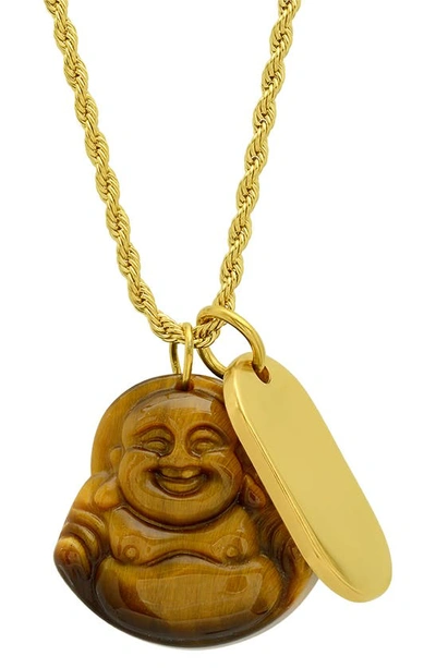 Hmy Jewelry Tiger Eye Buddah & Dog Tag Pendant Necklace In Yellow