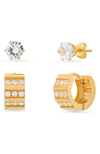 Hmy Jewelry Stainless Steel Cubic Zirconia 14mm Huggie Earring In Yellow