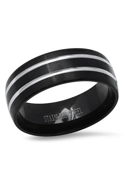 Hmy Jewelry Black & Steel Stripe Band Ring In Black / Metallic