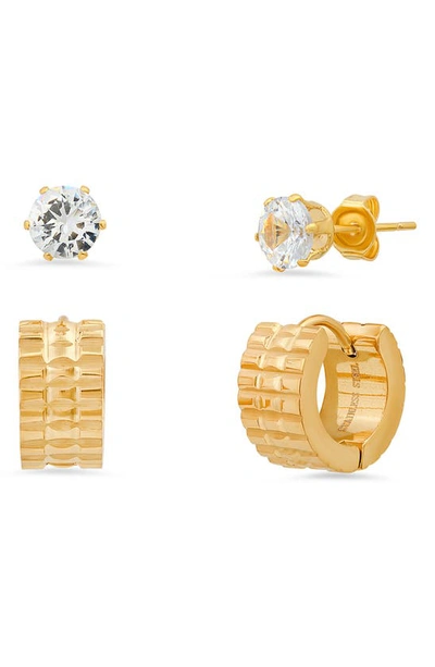 Hmy Jewelry Set Of 2 Cz Stud & Huggie Earrings In Yellow