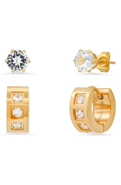 Hmy Jewelry Set Of 2 Cz Stud & Huggie Hoop Earrings In Yellow