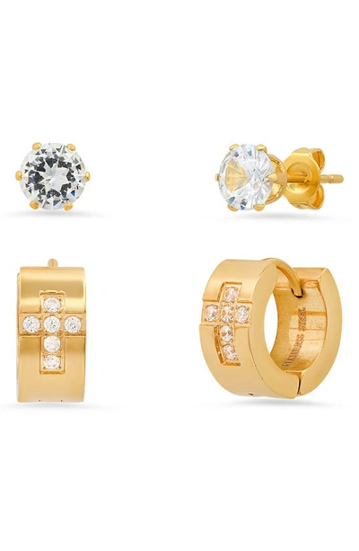 Hmy Jewelry Set Of 2 Cz Stud & Cz Cross Huggie Hoop Earrings In Yellow