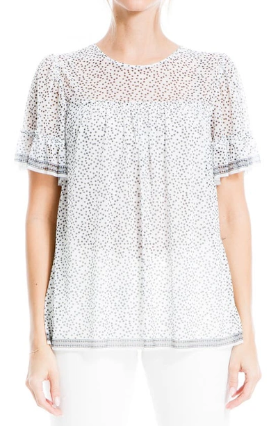 Max Studio Short Sleeve Knit Mesh Top In Ivory/ Black Random Dot