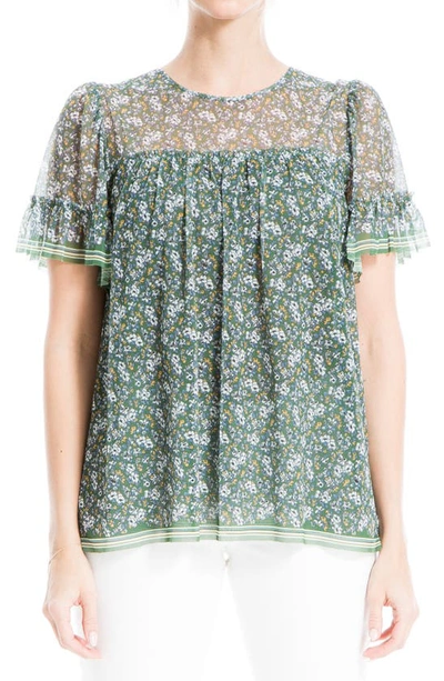 Max Studio Short Sleeve Knit Mesh Top In Olive/ Blue/ Gold Magnolia