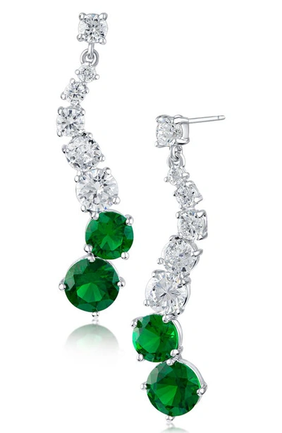 Cz By Kenneth Jay Lane Graduated Round Cz Drop Earrings In Emerald/ Silver