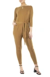 Nina Leonard Three-quarter Length Sleeve Waist Tie Jumpsuit In Caramel