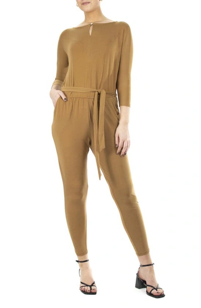 Nina Leonard Three-quarter Length Sleeve Waist Tie Jumpsuit In Caramel