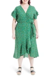 Max Studio Short Sleeve Wrapped Midi Dress In Green/ Gold Lily Fields