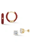 Sphera Milano 14k Yellow Gold Vermeil Enamel Huggie & Round Cz Stud Earrings Set In Yellow Gold