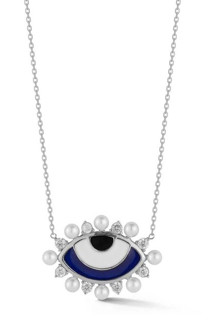 Sphera Milano Cz & Imitation Pearl Evil Eye Pendant Necklace In Silver