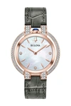 BULOVA RUBAIYAT DIAMOND ROSE GOLD CROC EMBOSSED LEATHER STRAP WATCH, 35MM