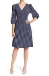 Love By Design Amelia Ruched Wrap Dress In Navy/ White Polka Dot