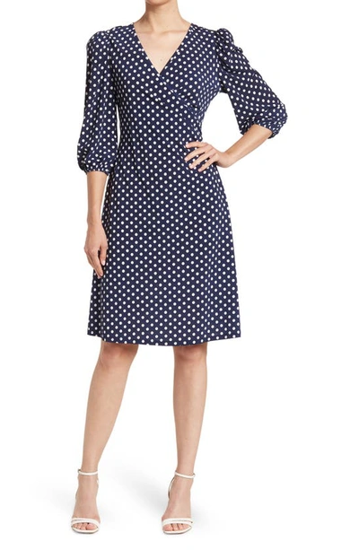 Love By Design Amelia Ruched Wrap Dress In Navy/ White Polka Dot