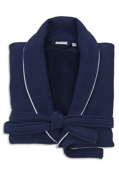 Linum Home Textiles Hotel Collection Satin Piped Trim Waffle Terry Bathrobe In Navy