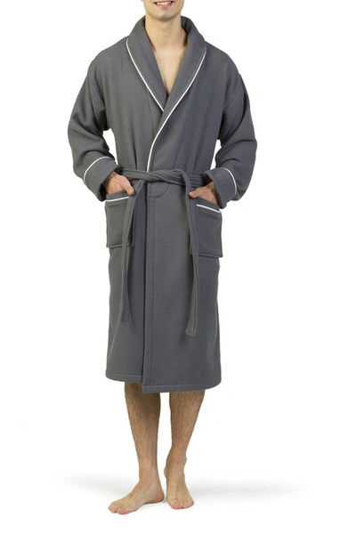 Linum Home Textiles Hotel Collection Satin Piped Trim Waffle Terry Bathrobe In Dark Gray