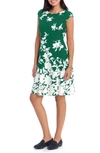 London Times Monotone Floral Print Fit And Flare Dress In Green