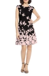 London Times Monotone Floral Print Fit And Flare Dress In Black/ Pink