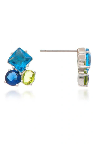 Rivka Friedman Rhodium Plated Crystal Cluster Earrings In Rhodium Clad/ Blue/ Green
