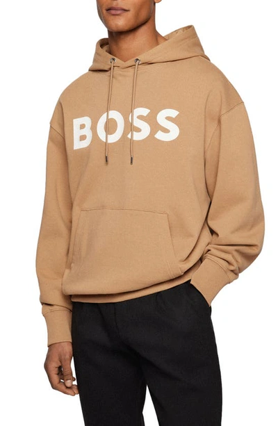 Hugo Boss Iconic Cotton Logo Print Oversized Fit Hoodie In Brown