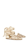Tory Burch Basketweave Ankle Tie Pointed Toe Flat In New Cream/ New Cream
