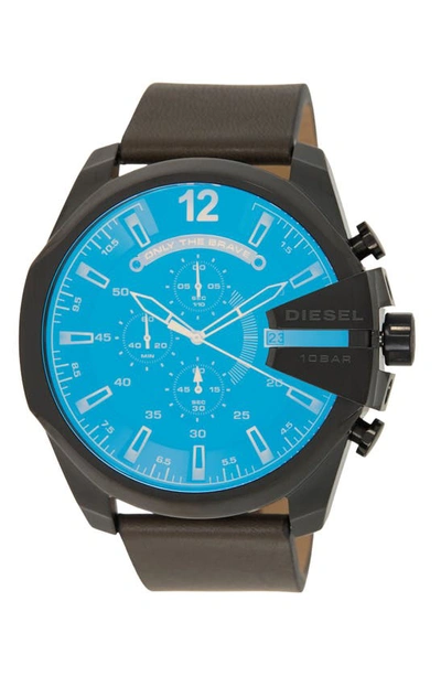 Diesel Mega Chief Leather Strap Chronograph Watch, 45mm In Green And Black