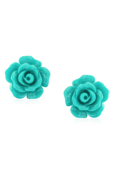 Bling Jewelry 3d Rose Stud Earrings In Aqua