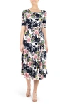 Nina Leonard Sylvia Stretch Crepe Midi Dress In Navy Pink Multi