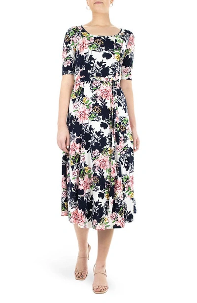 Nina Leonard Sylvia Stretch Crepe Midi Dress In Navy Pink Multi