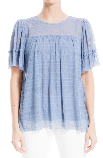 Max Studio Mesh Pleated Top In Chambray