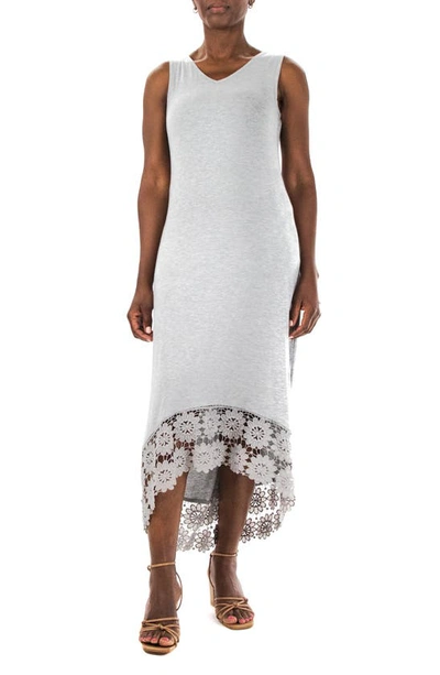 Nina Leonard V-neck Sleeveless Lace Hem High/low Dress In Heather Grey