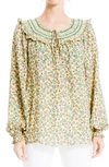 Max Studio Crepe Long Sleeve Front Tie Top In Maize/ Sage Quilted Florals