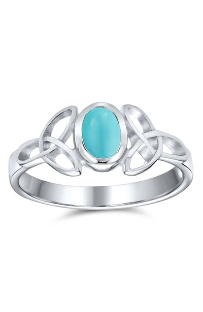 Bling Jewelry Rhodium Plated Sterling Silver Turquoise Celtic Trinity Knot Ring In Blue