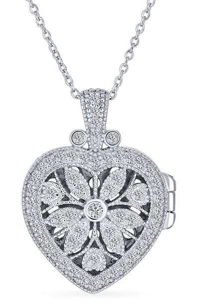 Bling Jewelry Sterling Silver & Cz Vintage Flower Heart Locket Necklace
