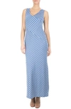 Nina Leonard V-neck Stripe Print Maxi Dress In Blue/ White