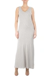 Nina Leonard V-neck Stripe Maxi Dress In Taupe/ White