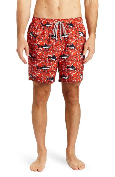 Rainforest Shark Print Swim Trunks In Deep Red